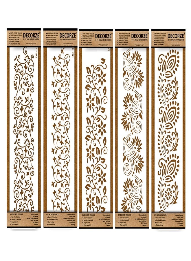 Decorze Plastic Stencils for Border Art, Stencils for Wall, Border Stencils for Wall Painting Suitable for Room Wall Decoration Purpose (Set of 5)(Color-White)|Design-1